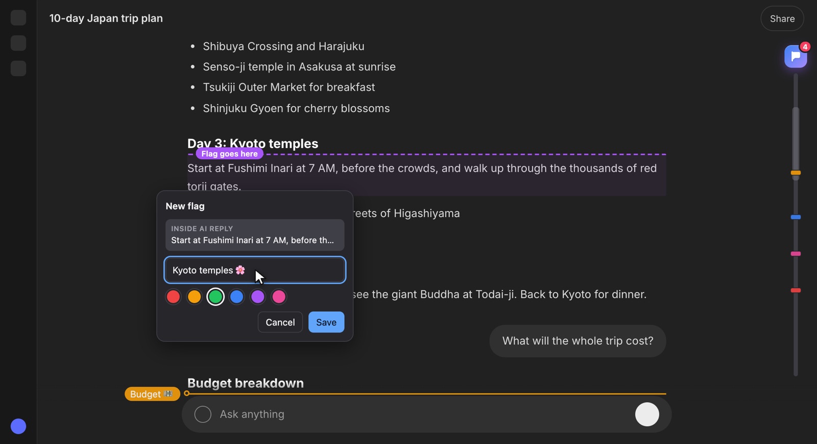Adding a flag: a label editor with a name and color picker next to a ChatGPT answer
